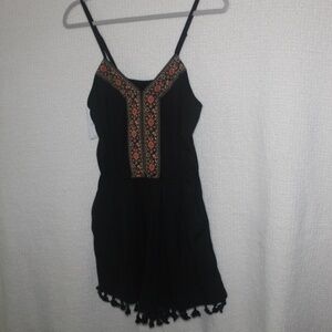 NWT POPVIL Black Romper with embroidery detail and fringe at the legs in Sz (S)